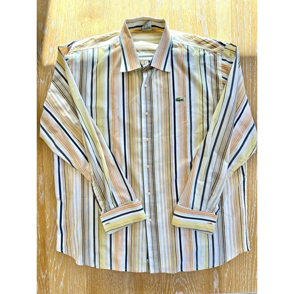 VTG Lacoste French Cuff Button Up Shirt Yellow Brown Orange Striped Men's XL